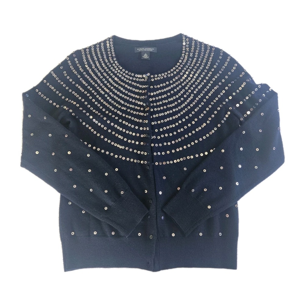Banana Republic Merino Wool Sequin Beaded Button-Up Cardigan Sweater Navy Medium